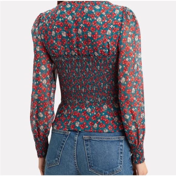 Intermix Silk Floral Smocked Alaina Cottage Puff Sleeve Blouse Size 4 - Picture 2 of 11